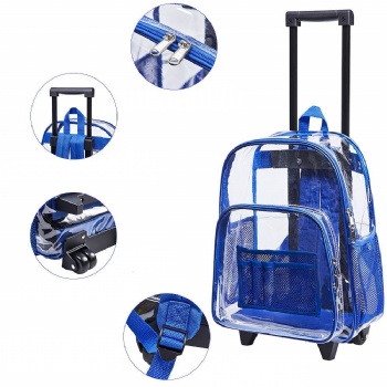 Factory direct see throught PVC wheeled backpack trolley bags rolling rucksacks on wheels for school