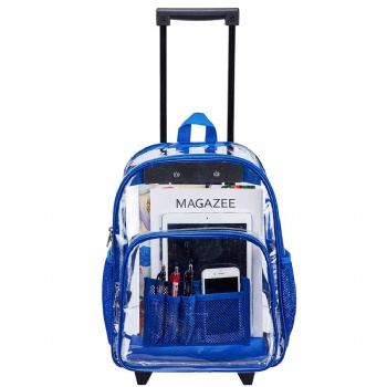China manufacturer see-throught PVC wheeled backpack trolley bags rolling rucksacks on wheels
