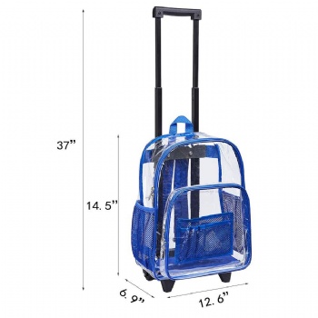 China manufacturer see-throught PVC wheeled backpack trolley bags rolling rucksacks on wheels