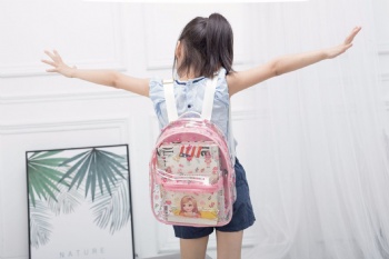Lovely enamel clear printed PVC preschool backpack bag,small clear school bag for girls