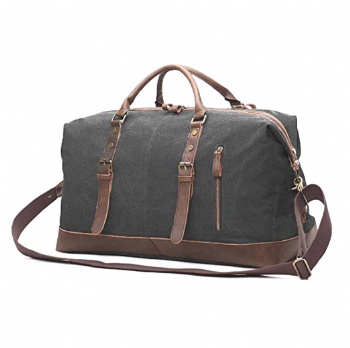 High quality classic military style black heavyduty cotton canvas/PU Leather duffel bag shoulder bag
