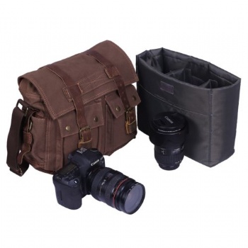 Versatile Vintage Canvas Leather Shoulder Bag Messenger Bag with DSLR SLR Camera Insert Case