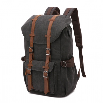 Retro tough black canvas rucksack bag with dual leather strips