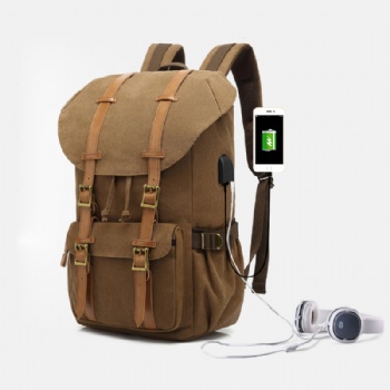 College preppy style tan color canvas backpack bag with USB charging port