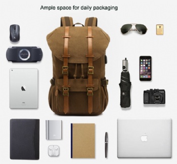 Waxed water-repellent leisure canvas laptop backpack bag USB