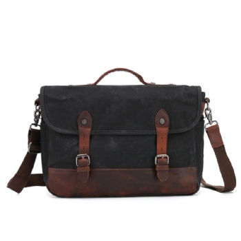 Vintage Waxed Canvas Leather Laptop Briefcase Crazy horse messenger bag for mens