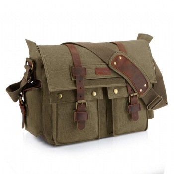 Retro Olive Drab Canvas Leather Messenger Bag Mens Brief Case Shoulder Bag