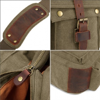 Retro Olive Drab Canvas Leather Messenger Bag Mens Brief Case Shoulder Bag