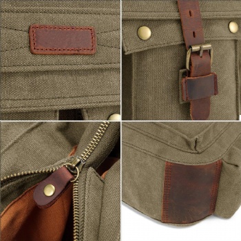 Retro Olive Drab Canvas Leather Messenger Bag Mens Brief Case Shoulder Bag