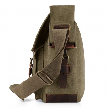 Retro Olive Drab Canvas Leather Messenger Bag Mens Brief Case Shoulder Bag