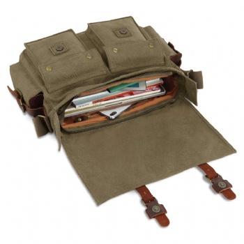 Retro Olive Drab Canvas Leather Messenger Bag Mens Brief Case Shoulder Bag