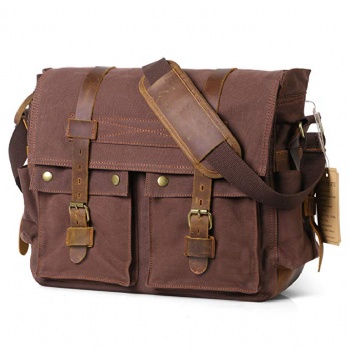 Retro Olive Drab Canvas Leather Messenger Bag Mens Brief Case Shoulder Bag