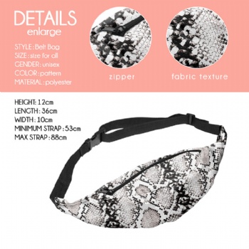 Fashionable girls snake skin printing fanny packs belt bags