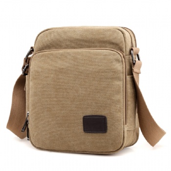 Classic small size vertical men's khaki canvas messenger bag with water bottle pocket