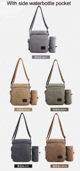 Classic small size vertical men's khaki canvas messenger bag with water bottle pocket