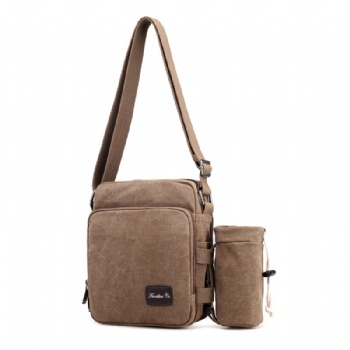 Unisex small size coffee brown vertical canvas messenger bag with water bottle pocket