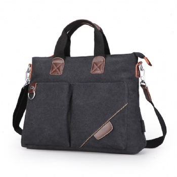 Durable black canvas brief case laptop shoulder sling bag