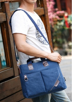 Durable blue canvas laptop shoulder bag office bag square briefcase