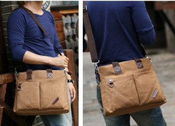 Coffee brown canvas office bag vertical shoulder bag street bag
