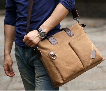 Coffee brown canvas office bag vertical shoulder bag street bag