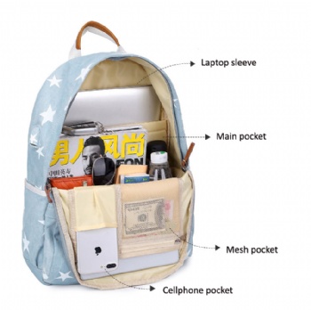 Classic denim school backpack girls daypack with USB charging port