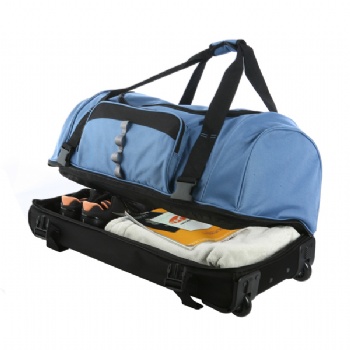 Large travelling luggage dufflebag on wheels with double deckers